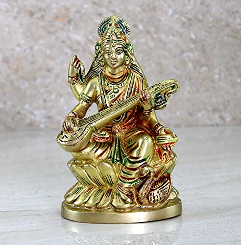 eSplanade Saraswati Maa Murti Idol Statue aus Messing für Heimdekoration und Tempel, 24,8 cm, Mehrfarbig (Gold-Multi) von eSplanade