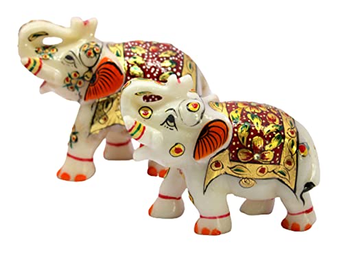eSplanade Marmor-Elefantenfamilie mit Kalb, Skulptur oder Schaustück, Feng Shui Vastu bringt Glück, Heimdekoration, 3er-Set (10,8 cm Höhe) (Weiß-Mehrfarbig-2er-Set) von eSplanade