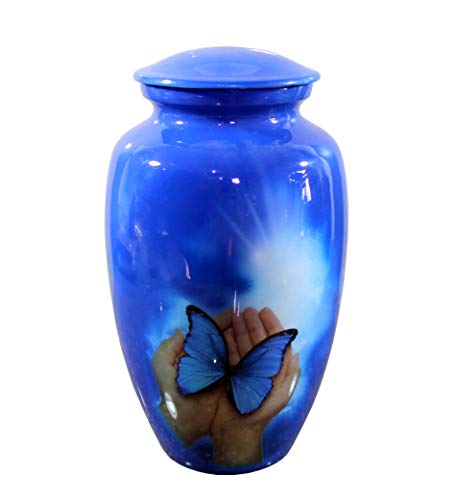 eSplanade Metall-Urnen-Gedenkglas-Behälter | Urne in voller Größe für die Bestattung der Bestattungsasche | Gelber Schmetterlingsdruck | Blau – 10 Zoll (Königsblau) von eSplanade