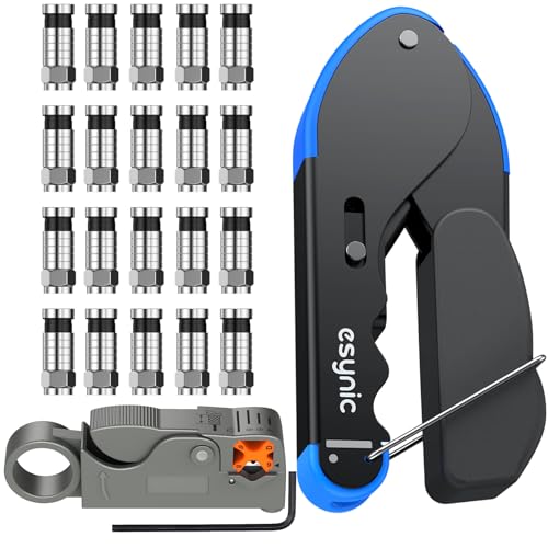 eSynic F-Type Kompressions Crimpzange + Abisolierzange + 20x schwarze Crimpverbinder – Verbesserte Version für RG59/RG6 Kabel, Mit Hochwertigerer Handhabung und Ergonomie von eSynic