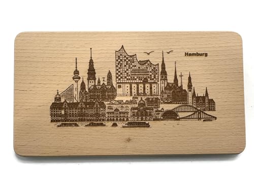 eXODA Frühstücksbrettchen Hamburg Wahrzeichen aus Buchenholz für Frühstück Snacks oder Deko mit Elbphilharmonie Michel Speicherstadt CNC-gefräst langlebig leicht zu reinigen von eXODA