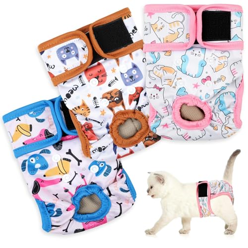 Wiederverwendbare Windeln, 3er-Pack, Gute Saugfähigkeit, sichere Passform für weibliche und männliche Katzen, einfach anzuziehen, Bezauberndes Design Wiederverwendbare Windeln, 3er-Pack, Gute Saugfähigkeit, sichere Passform für weibliche und männliche Katzen, einfach anzuziehen, Bezauberndes Design von eaacaa