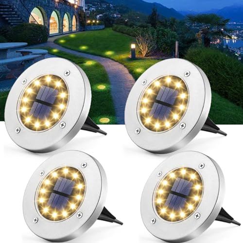 Solar Bodenleuchten, 12 LEDS Solarleuchten Solarlampen Gartenleuchten IP65 Wasserdicht Garten Landschaft Weißes Licht Beleuchtung Edelstahl Außenleuchte für Rasen, Patio, Hof, -4 Stück von eaaerr