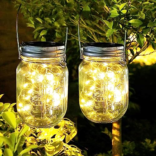 Solarlampen für Außen, EAAERR 2 Stück Solar Mason Jar Licht Solar Licht Einmachglas für Garten, Wetterfest Solar Lampions Hängende Solarleuchten für Garten Party Hochzeit(Warmweiß) von eaaerr