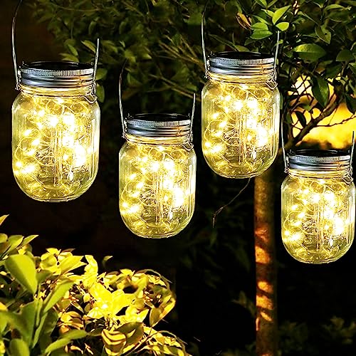 Solarlampen für Außen, EAAERR 4 Stück Solar Mason Jar Licht Solar Licht Einmachglas für Garten, Wetterfest Solar Lampions Hängende Solarleuchten für Garten Party Hochzeit(Warmweiß) von eaaerr