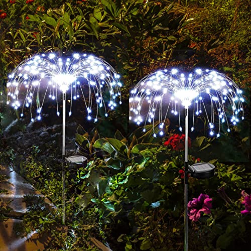 Solarlampe Garten Deko, 2 Stück 120 LED Solar Feuerwerk Licht Wasserdicht, 2 Modi LED Solarleuchten Gartenleuchten für Außen,Balkon,Patio,Rasen,Blumenkästen und Terrasse Dekoration(Kaltes weißes) von eaaerr