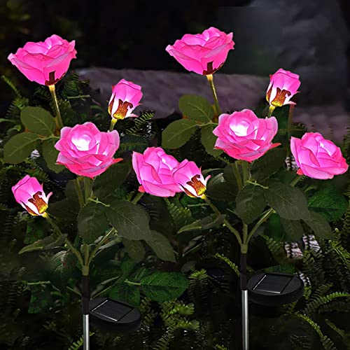 eaaerr Solarlampen für Außen Garten 2 Stück Solarleuchten Garten Außen mit 10 größere Rosenblüte -Wasserdicht LED Solarleuchten Garten Deko für Büsche,Rasenflächen,Zäune,Balkonkasten(Rosa) von eaaerr