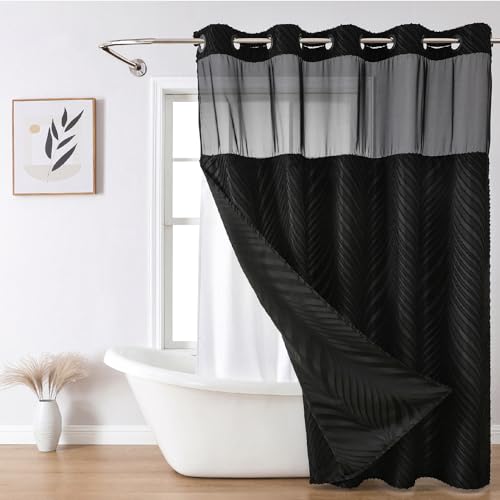 eachope Duschvorhang- und Auskleidungs-Set, Boho-Stil mit durchsichtigem Fenster oben, schwarzer Stoff, getuftet, gestreift, strukturierter Außenvorhang und wasserdichtes Innenfutter, dunkelschwarz, von eachope