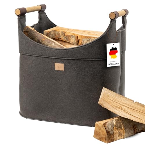 Filz Holzkorb für Kaminholz Groß [40 L] mit Echtholzhenkeln (Eiche) Plegeleichter Boden - Made in Germany - Kaminholzkorb XXL - Brennholzkorb standfest aus Recycling Filz easy and green® von easy and green