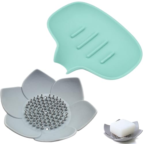 easyBee 2 Stück Silikon Seifenschale mit Ablauf – Selbstentleerende Seifenablage, Spritzwassergeschützt für Bad Dusche Küche, Robust Antirutsch (Grün/Grau) von easyBee