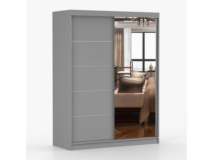 1,5 Meter breiter Kleiderschrank / Schiebetürenschrank Grau Bucegi 28 mit Spiegel 2 Türen Griffe: Aluminium 200 x 150 x 61 cm von easyMÖBEL
