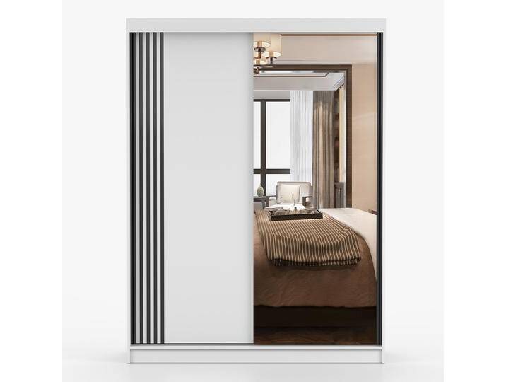 1,5 Meter breiter Kleiderschrank / Schiebetürenschrank Weiß Bucegi 33 Spiegel 2 Türen Griffe: Aluminium 200 x 150 x 61 cm 6 Fächer 1,5 Meter breiter Kleiderschrank / Schiebetürenschrank Weiß Bucegi 33 Spiegel 2 Türen Griffe: Aluminium 200 x 150 x 61 cm 6 Fächer von easyMÖBEL