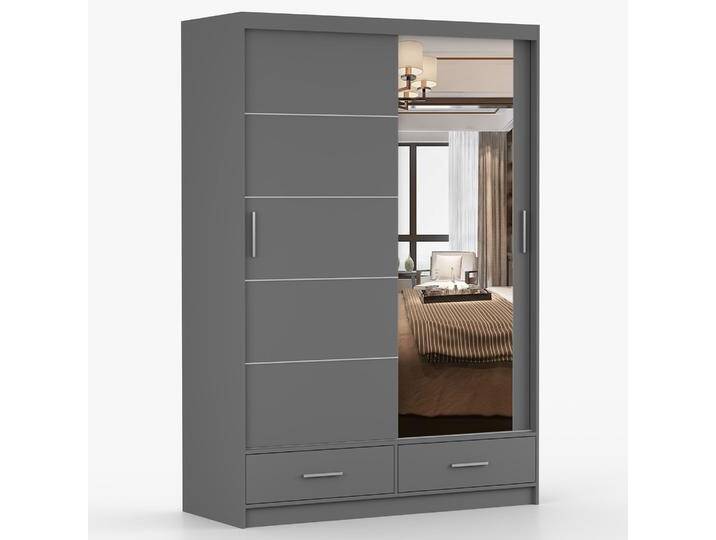 1,5 Meter breiter Schiebetürenschrank / Kleiderschrank mit Spiegel Grau Lusatian 09 218 x 150 x 61 cm 2 Türen 2 Schubladen 6 Fächer von easyMÖBEL