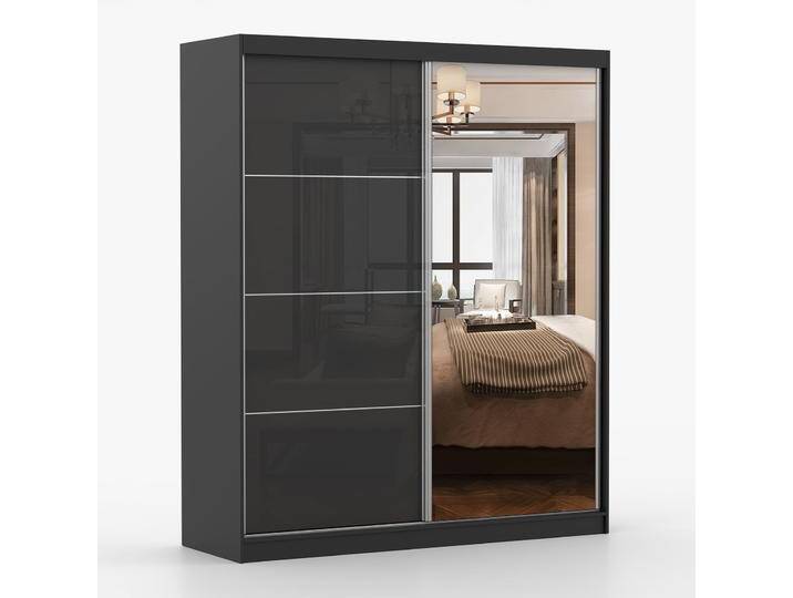 1,8 Meter breiter Schiebetürenschrank / Kleiderschrank mit Spiegel Schwarz Gorski 15 218 x 183 x 61 cm 2 Türen 6 Fächer Einfarbig von easyMÖBEL