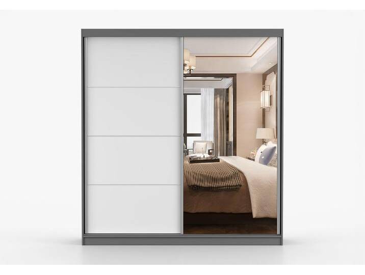 2 Meter breiter Schiebetürenschrank / Kleiderschrank mit Spiegel Weiß / Grau Gorski 24 218 x 203 x 61 cm 2 Türen 6 Fächer moderner Stil von easyMÖBEL