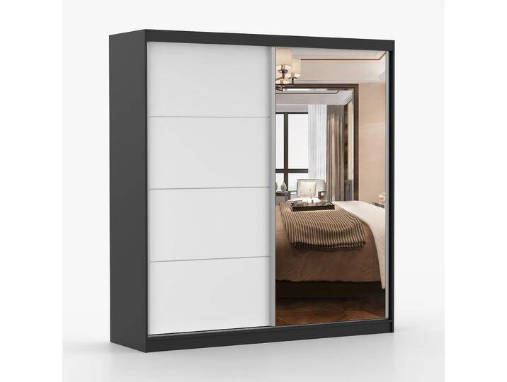 2 Meter breiter Schiebetürenschrank / Kleiderschrank mit Spiegel Weiß / Schwarz Gorski 25 218 x 203 x 61 cm 2 Türen 6 Fächer eckig von easyMÖBEL