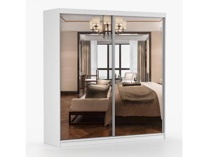 2 Meter breiter Schiebetürenschrank / Kleiderschrank mit Spiegel Weiß Gorski 29 218 x 203 x 61 cm 2 Türen 6 Fächer Einfarbiges Design von easyMÖBEL