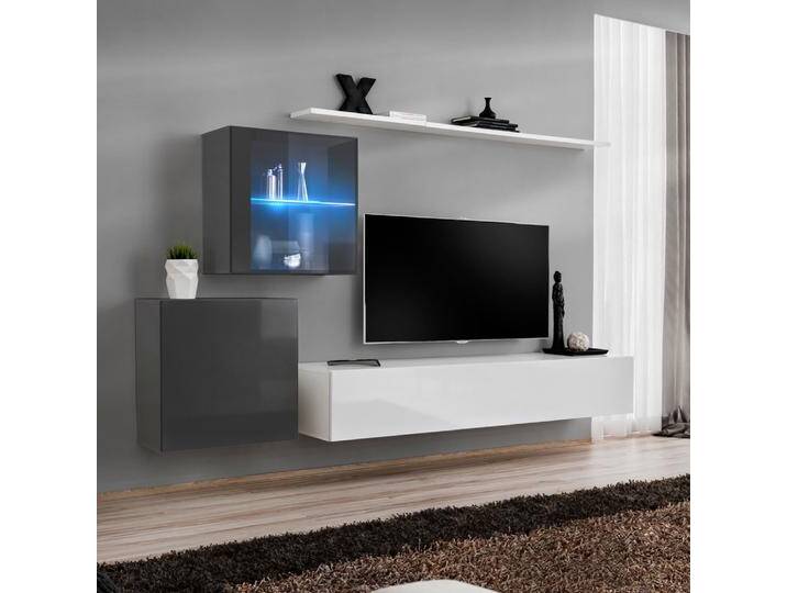 Außergewöhnliche Wohnwand Balestrand 232, Farbe: Grau / Weiß - Abmessungen: 150 x 250 x 40 cm (H x B x T), mit genügend Stauraum von easyMÖBEL