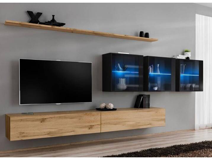 Außergewöhnliche Wohnwand Balestrand 269, Farbe: Eiche Wotan / Schwarz - Abmessungen: 150 x 340 x 40 cm (H x B x T), mit Push-to-open Funktion von easyMÖBEL