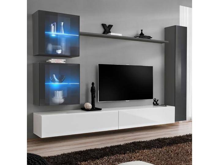 Wohnwand, Grau & Weiß, 180x280x40 cm, Holzwerkstoff, 10 Fächer, Maritim von easyMÖBEL