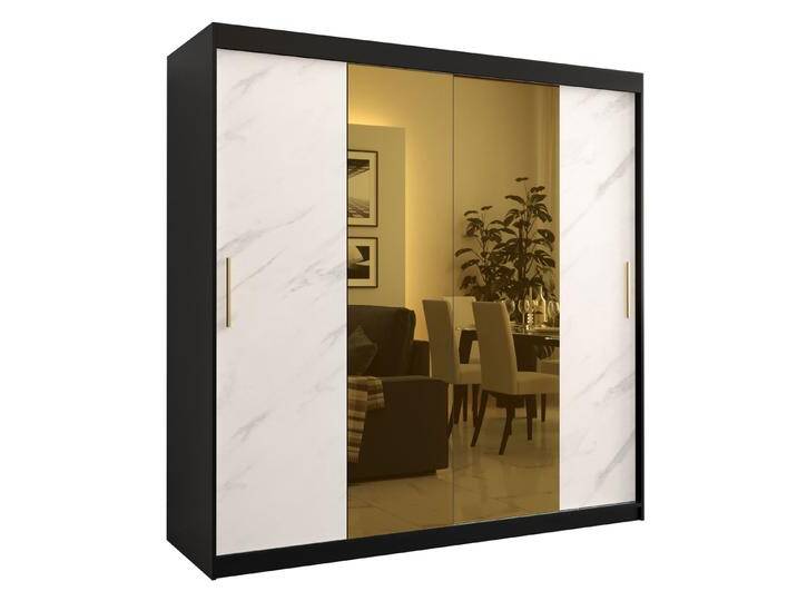 Kleiderschrank Hochfeiler 42 Schwarz / Weißer Marmor 200 x 200 x 62 cm Marmor Optik 2 Schiebetüren 2 Spiegel 10 Fächer 2 Kleiderstange von easyMÖBEL