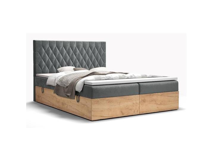 Außergewöhnliches Boxspringbett mit weichen Veloursstoff Pilio 64, Farbe: Grau / Eiche Golden Craft - Liegefläche: 140 x 200 cm (B x L) von easyMÖBEL