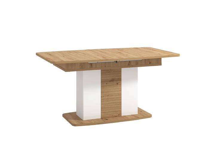 Ausziehbarer Esstisch mit Butterfly-Mechanismus Baka 06, Farbe: Eiche Artisan / Weiß Hochglanz, ABS, Maße: 78 x 160 x 91,5 cm (H x B x T), für Ess von easyMÖBEL