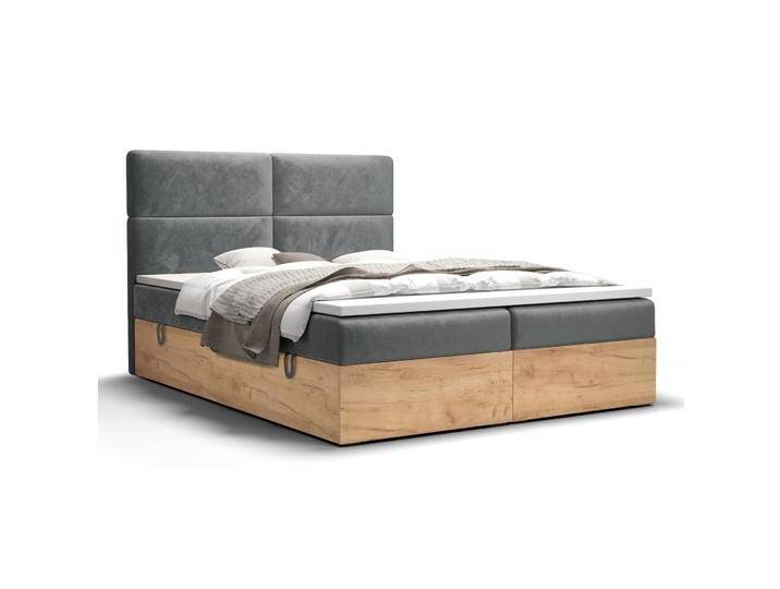Boxspringbett mit weichen Veloursstoff Pilio 39, Farbe: Grau / Eiche Golden Craft - Liegefläche: 160 x 200 cm (B x L) von easyMÖBEL