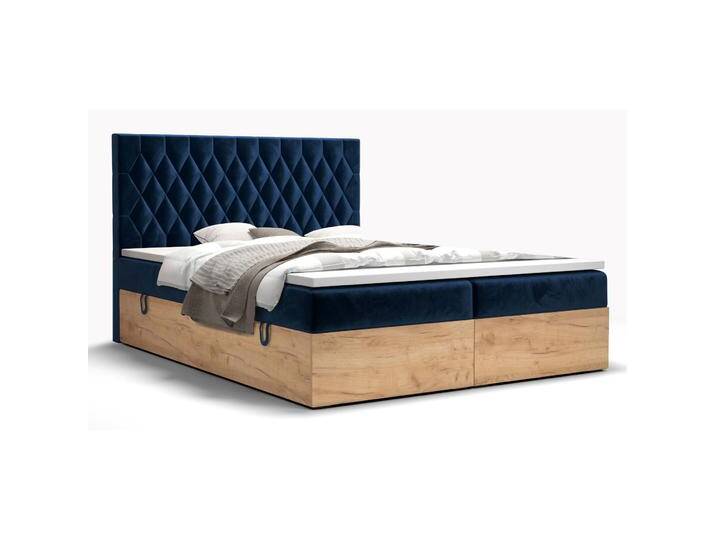 Boxspringbett mit weichen Veloursstoff Pilio 70, Farbe: Blau / Eiche Golden Craft - Liegefläche: 160 x 200 cm (B x L) von easyMÖBEL