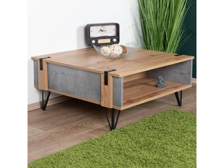 Couchtisch Atule 12 Eiche / Grau 80x80x37 cm Industrial Design 2 Fächer Metallfüße Robuste Verarbeitung von easyMÖBEL