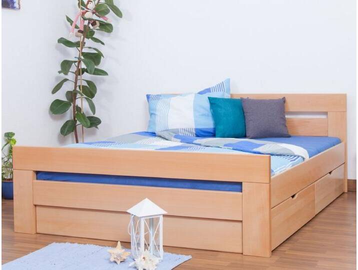 Doppelbett / Funktionsbett Easy Premium Line K6 inkl. 2 Schubladen und 1 Abdeckblende 160 x 200 cm Buche Vollholz massiv Natur von easyMÖBEL