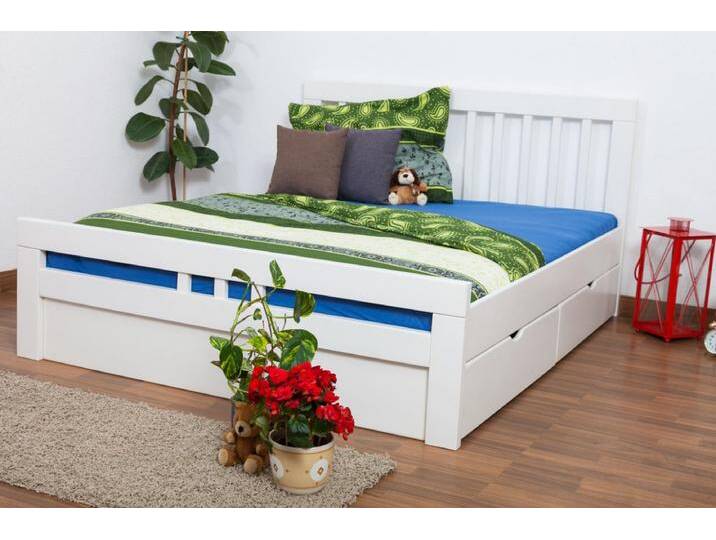 Doppelbett / Funktionsbett Easy Premium Line K8 inkl. 2 Schubladen und 1 Abdeckblende, 160 x 200 cm Buche Vollholz massiv weiß lackiert von easyMÖBEL