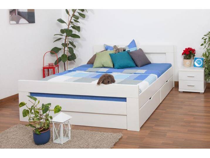Doppelbett / Stauraumbett Easy Premium Line K6 inkl. 2 Schubladen und 1 Abdeckblende 160 x 200 cm Buche Vollholz massiv weiß lackiert von easyMÖBEL