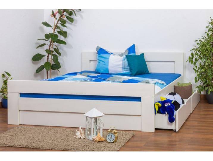Doppelbett / Stauraumbett Easy Premium Line K6 inkl. 2 Schubladen und 1 Abdeckblende 180 x 200 cm Buche Vollholz massiv weiß lackiert von easyMÖBEL