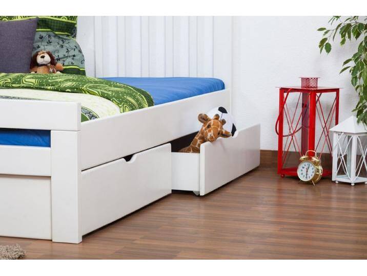 Doppelbett / Stauraumbett Easy Premium Line K8 inkl. 2 Schubladen und 1 Abdeckblende, 160 x 200 cm Buche Vollholz massiv weiß lackiert von easyMÖBEL