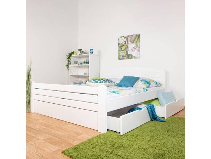 Doppelbett Easy Premium Line K7 inkl. 2 Schubladen und 1 Abdeckblende, 160 x 200 cm Buche Vollholz massiv weiß lackiert von easyMÖBEL