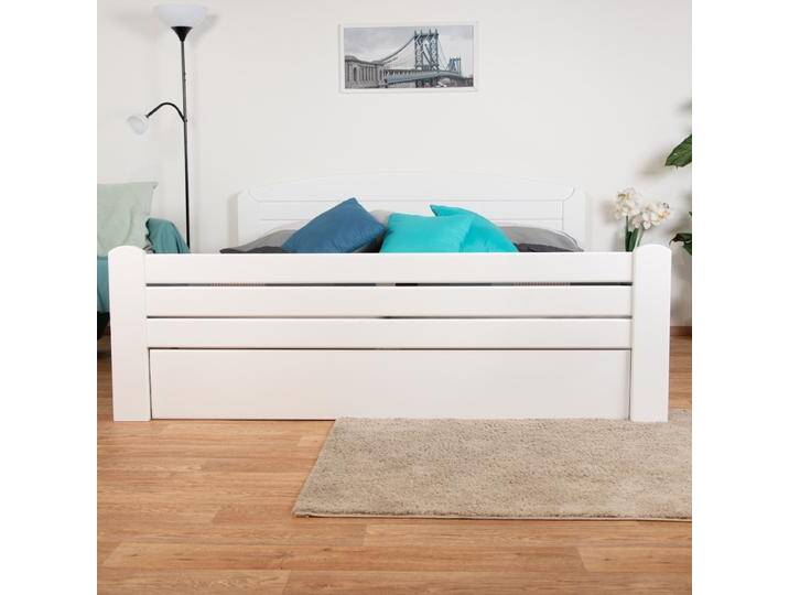 Doppelbett Easy Premium Line K7 inkl.1 Abdeckblende, 160 x 200 cm Buche Vollholz massiv weiß lackiert von easyMÖBEL