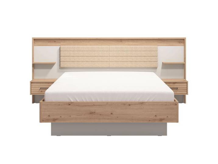 Doppelbett inklusive zwei Nachtkommoden Irigo 03, ABS-Kanten, Farbe: Eiche Artisan / Kaschmir, Polsterung: Beige, Liegefläche: 160 x 200 cm Doppelbett inklusive zwei Nachtkommoden Irigo 03, ABS-Kanten, Farbe: Eiche Artisan / Kaschmir, Polsterung: Beige, Liegefläche: 160 x 200 cm von easyMÖBEL