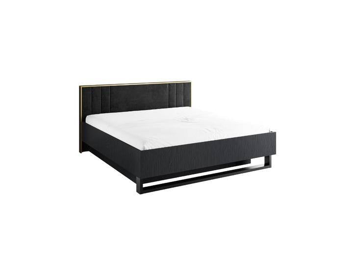 Doppelbett mit gepolsterten Kopfteil Amfipoli 11, Farbe: Schwarz mit Holzstruktur, Beine: Metall, Liegefläche: 160 x 200 cm von easyMÖBEL