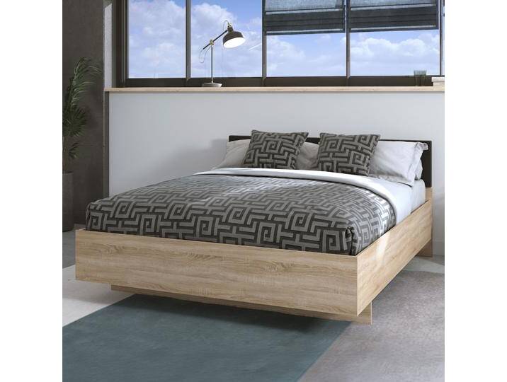 Doppelbett mit gepolsterten Kopfteil Vibas 06, Farbe: Eiche Sonoma / Grau, einfaches und modernes Design, Liegefläche: 160 x 200 cm von easyMÖBEL