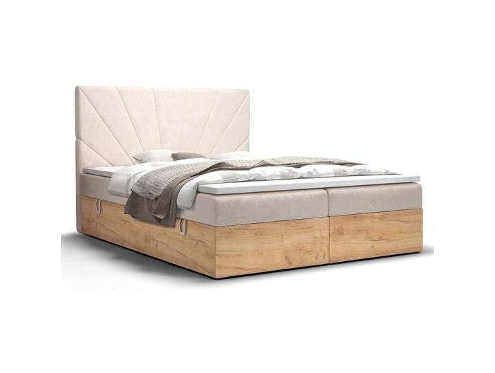 Doppelbett mit weichen Veloursstoff Pilio 26, Farbe: Beige / Eiche Golden Craft - Liegefläche: 180 x 200 cm (B x L) von easyMÖBEL