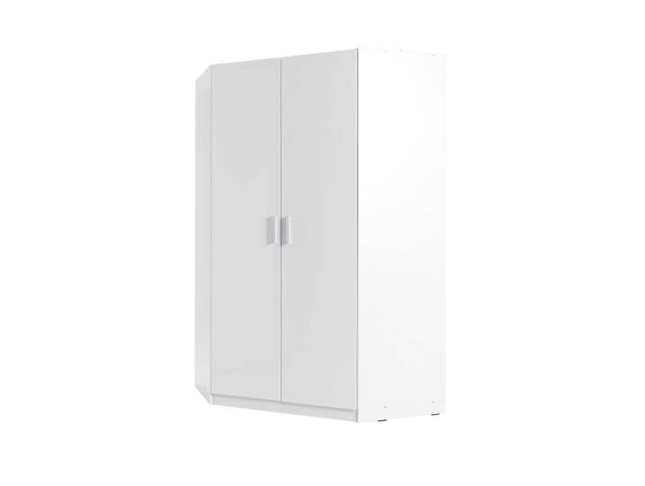 Drehtürenschrank / Eckkleiderschrank Messini 06, Farbe: Weiß / Weiß Hochglanz - Abmessungen: 198 x 117 x 117 cm (H x B x T) von easyMÖBEL