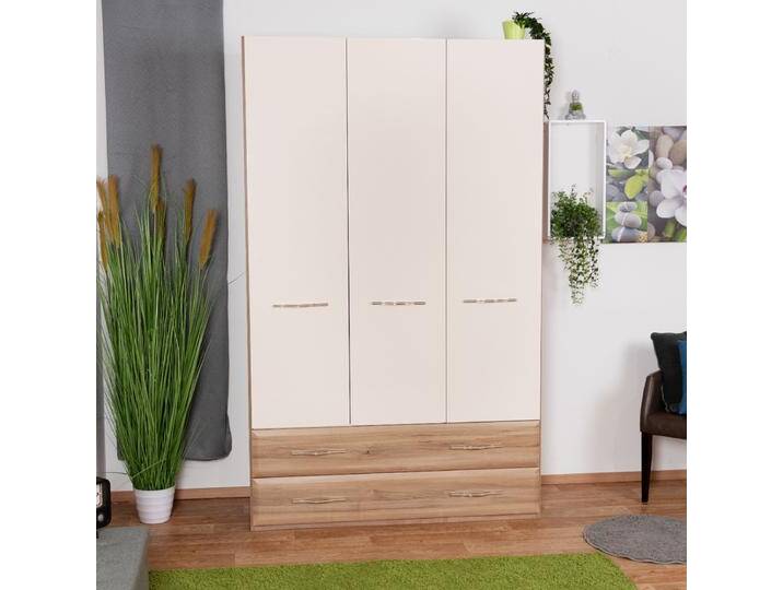 Drehtürenschrank Gataivai 02 Kleiderschrank Beige Hochglanz/Walnuss 224x137x57 cm Soft Close UV-Lack 3 Türen, 2 Schubladen von easyMÖBEL