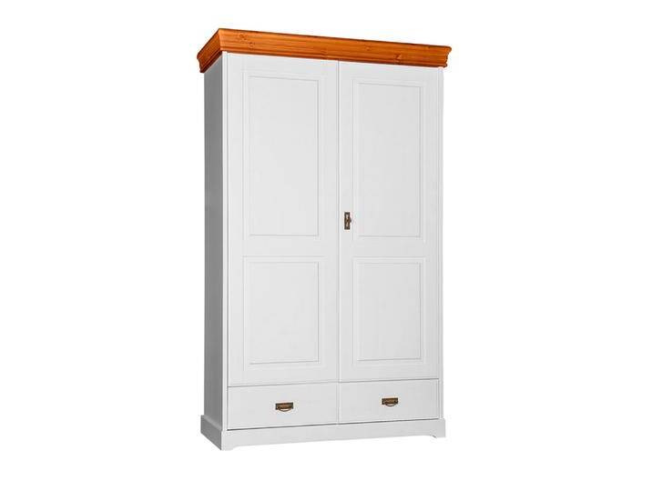 Drehtürenschrank / Kleiderschrank Jabron 03, Kiefer massiv Vollholz, Farbe: Weiß / Kiefer - 218 x 132 x 62 cm (H x B x T) von easyMÖBEL