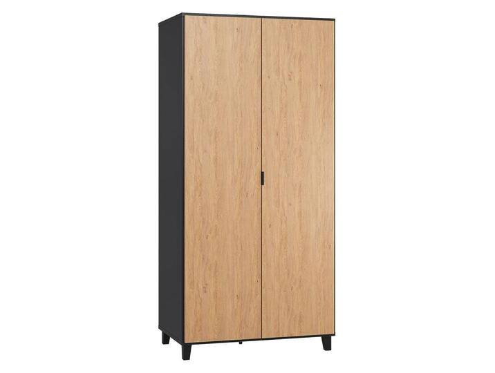 Drehtürenschrank Leoncho 39 Kleiderschrank Schwarz/Eiche Soft Touch Lack 195x93x57 cm LED-Beleuchtung 2 Türen 5 Böden von easyMÖBEL