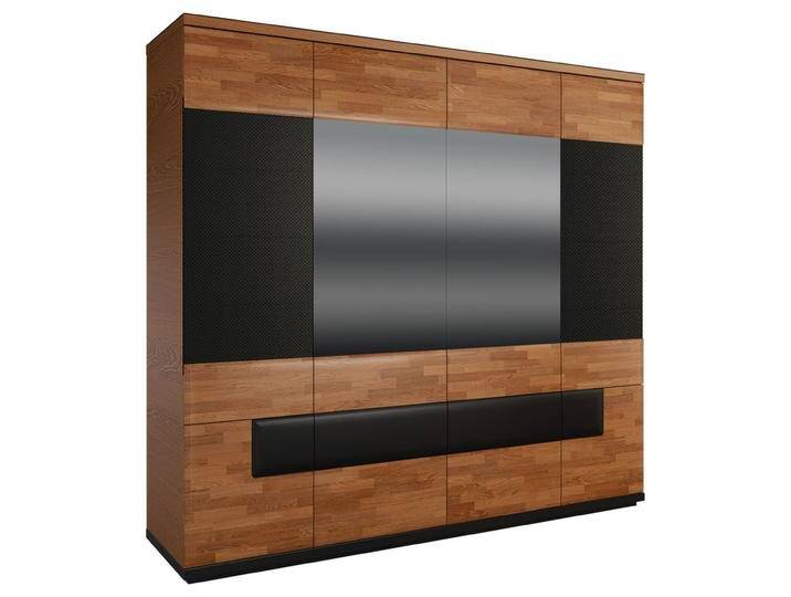 Drehtürenschrank Postira 38 Kleiderschrank Walnuss/Schwarz teilmassiv 210x224x62 cm Push to open Spiegel Schubladen von easyMÖBEL