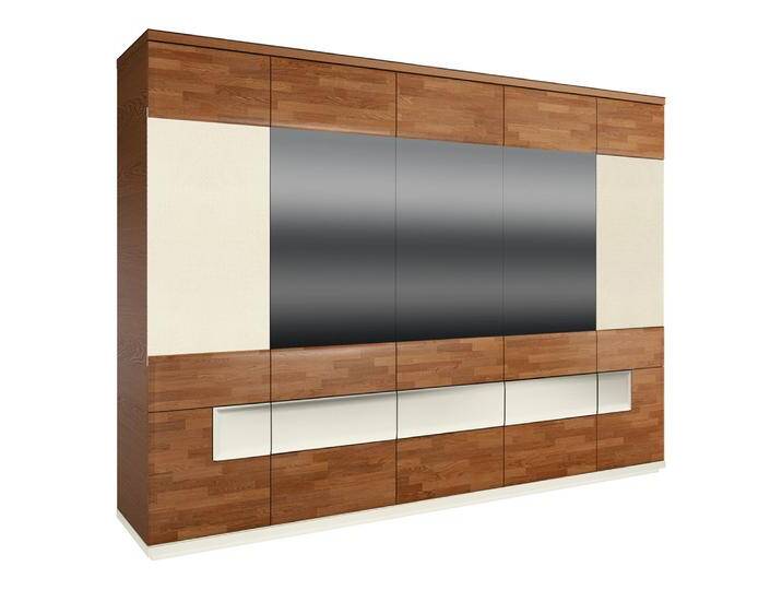 Drehtürenschrank Postira 39 Kleiderschrank teilmassiv Walnuss/Weiß 210x285x62 cm Push-to-open Spiegel & Stofftüren Schubladen von easyMÖBEL