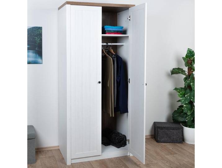 Drehtürenschrank / Kleiderschrank Segnas 07, Farbe: Kiefer Weiß / Eiche Braun - 198 x 90 x 53 cm (H x B x T) von easyMÖBEL