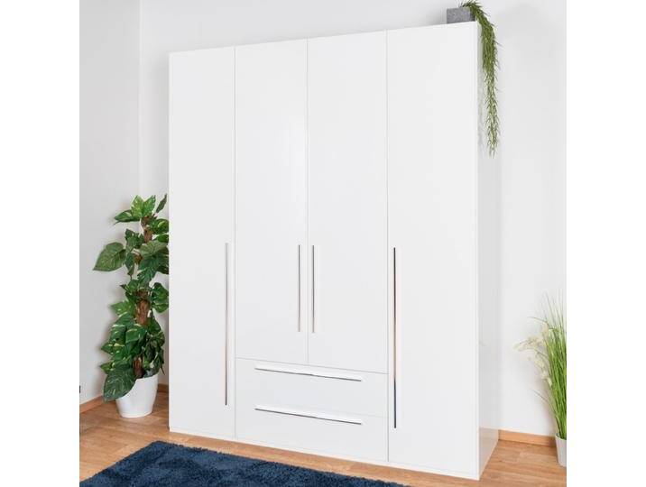 Drehtürenschrank / Kleiderschrank Siumu 29 Weiß / Weiß Hochglanz 224x182x56 cm Soft Close 4 Türen 2 Schubladen UV-Lack Qualität von easyMÖBEL