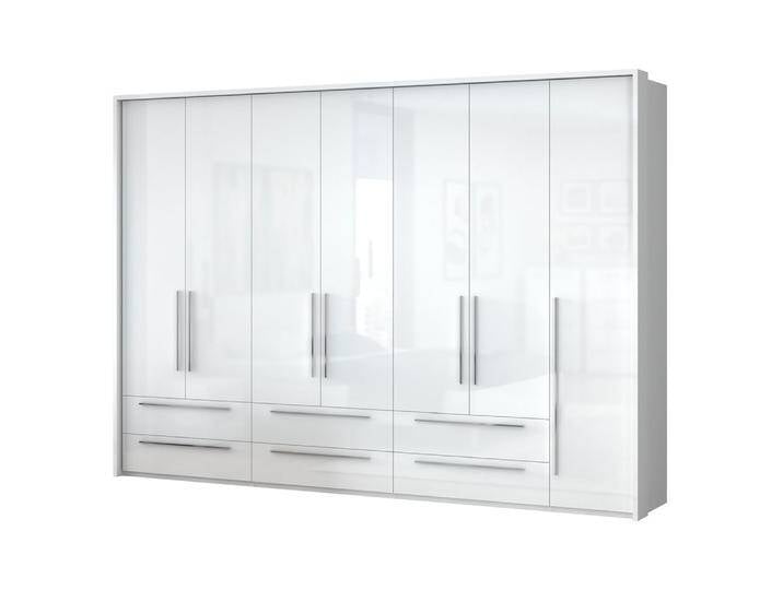 Drehtürenschrank / Kleiderschrank mit LED-Rahmen Siumu 39, Farbe: Weiß / Weiß Hochglanz - 226 x 322 x 60 cm (H x B x T) von easyMÖBEL